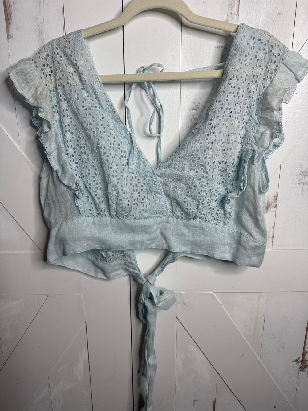 Light Blue Eyelet Wrap Crop Top - Women's